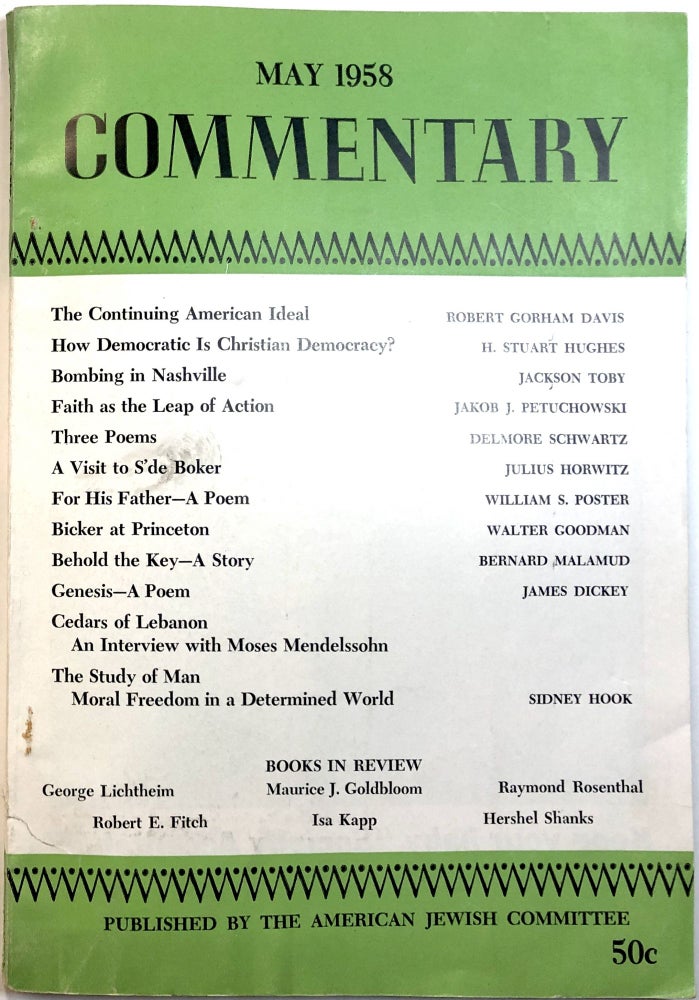 Item #0072460 Commentary, May 1958, featuring the short story, "Behold the Key" by Bernard Malamud, and poetry by Delmore Schwartz and James Dickey. Elliot E. Cohen, Bernard Malamud Delmore Schwartz, James Dickey.