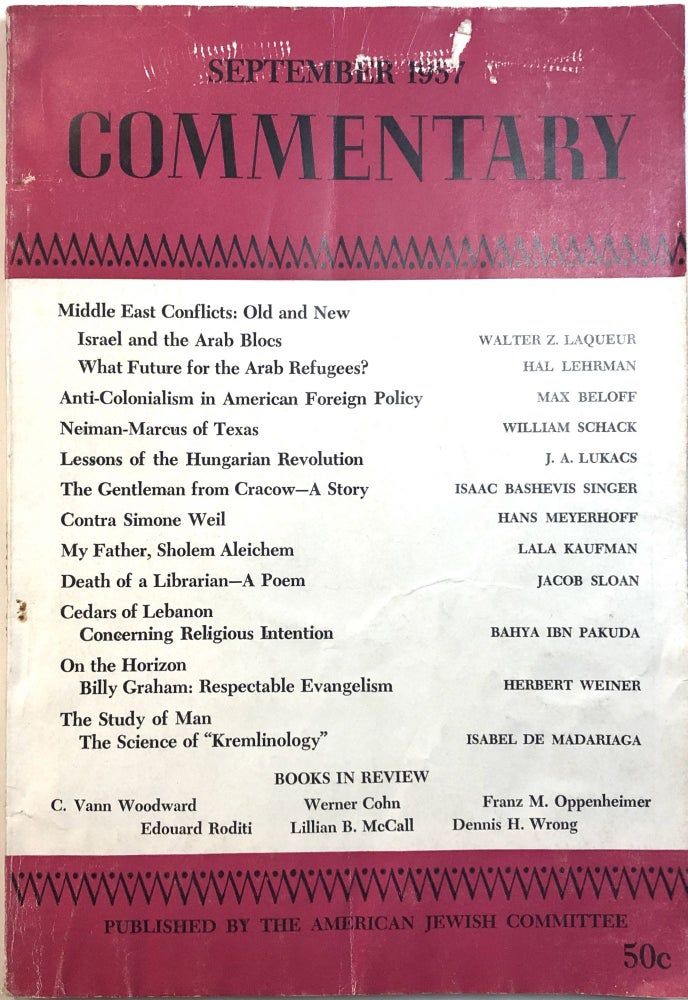 Item #0072461 Commentary, September 1957, featuring the short story, "The Gentleman from Cracow," by Isaac Bashevis Singer. Elliot E. Cohen, Isaac Bashevis Singer.