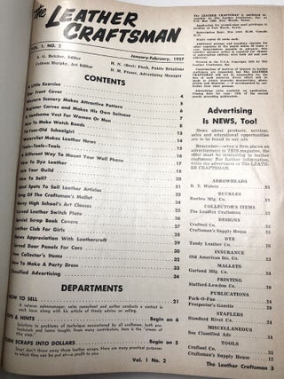Bound volume of 23 issues of The Leather Craftsman, contains V. 1, Nos. 2-6 / V. 2, Nos. 1-4 and 6 / V. 3, Nos. 2-6 / V. 4, Nos. 1-6 / V. 5, Nos. 1 and 3