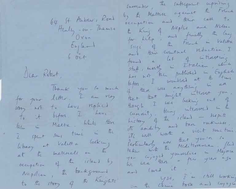 Item #0081545 Group of 2 handwritten letters from Christopher Hibbert to Robert Cowley, 1968. Christopher Hibbert, Robert Cowley, Horizon Magazine.