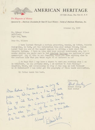 Item #0081547 ANS from Edmund Wilson to Robert Cowley at American Heritage magazine, 1958. Edmund...