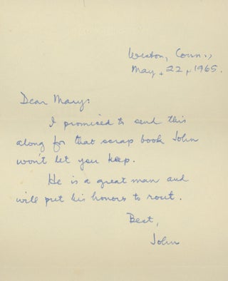 Item #0081550 ALS from John Hersey to Mary Cheever, 1965. John Hersey, Mary Cheever