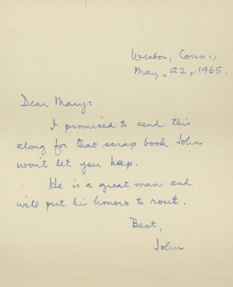 Item #0081550 ALS from John Hersey to Mary Cheever, 1965. John Hersey, Mary Cheever.