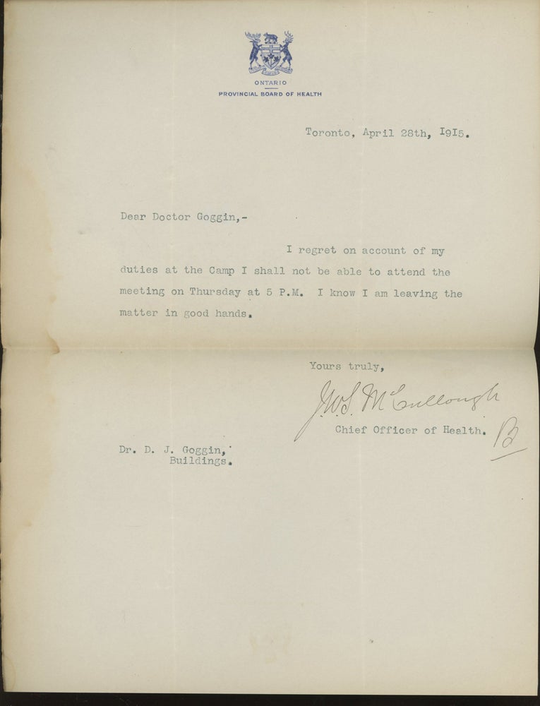 Item #0085094 TLS from John W. S. McCullough, the Chief Office of Health of Ontario, Canada to Dr. D. J. Goggin. John W. S. McCullough, D. J. Goggin.