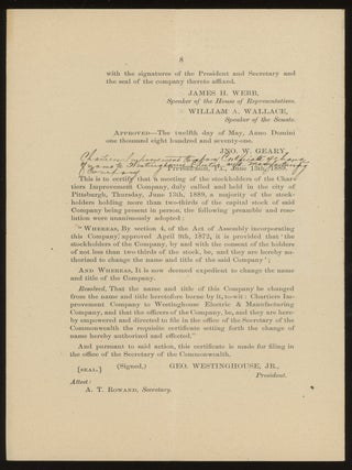 Rare Westinghouse pamphlets: Charter of the Westinghouse Electric and Manufacturing Company of Pittsburgh, PA, and two copies of Agreement between George Westinghouse Jr. and the Pennsylvania Railroad Company, dated 12th September 1888 in regard to Turtle Creek Valley Railroad