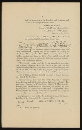 Rare Westinghouse pamphlets: Charter of the Westinghouse Electric and Manufacturing Company of Pittsburgh, PA, and two copies of Agreement between George Westinghouse Jr. and the Pennsylvania Railroad Company, dated 12th September 1888 in regard to Turtle Creek Valley Railroad