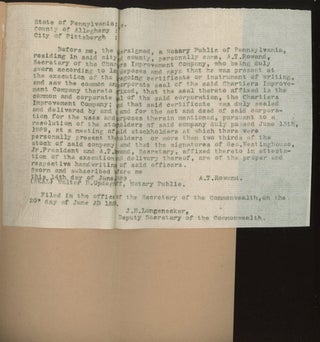Rare Westinghouse pamphlets: Charter of the Westinghouse Electric and Manufacturing Company of Pittsburgh, PA, and two copies of Agreement between George Westinghouse Jr. and the Pennsylvania Railroad Company, dated 12th September 1888 in regard to Turtle Creek Valley Railroad