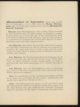 Rare Westinghouse pamphlets: Charter of the Westinghouse Electric and Manufacturing Company of Pittsburgh, PA, and two copies of Agreement between George Westinghouse Jr. and the Pennsylvania Railroad Company, dated 12th September 1888 in regard to Turtle Creek Valley Railroad