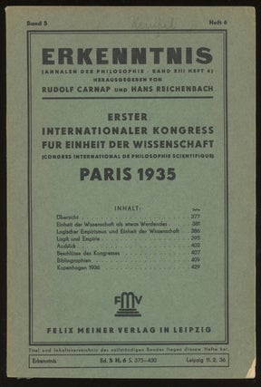 Item #0086312 Erkenntnis, Funfter Band 1935 (Band 3, Heft 6). Rudolf Carnap, eds Hans...