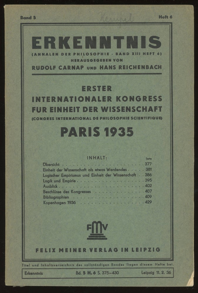 Item #0086312 Erkenntnis, Funfter Band 1935 (Band 3, Heft 6). Rudolf Carnap, eds Hans Reichenbach, Carl Hempel.
