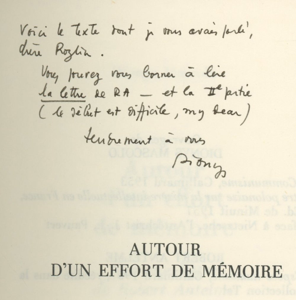 Autour d'un Effort de Memoire | Dionys Mascolo, Robert Antelme, letter ...
