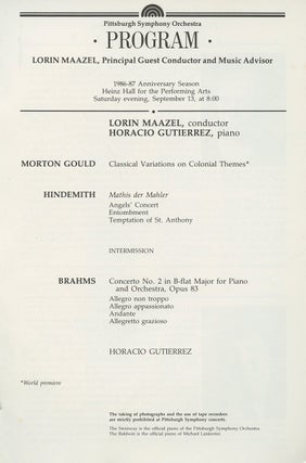 Program for the Special Concert of the Pittsburgh Symphony Orchestra Marking the Bicentennial of the Pittsburgh Post-Gazette Sunday, September 13, 1986