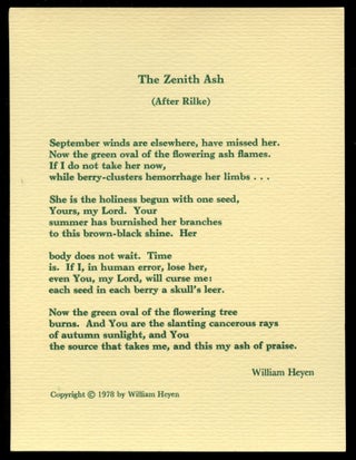 Item #B50592 The Zenith Ash (After Rilke). William Heyen