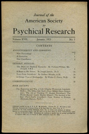 Item #B53405 Journal of the American Society for Psychical Research: Volume XVII, January 1923,...