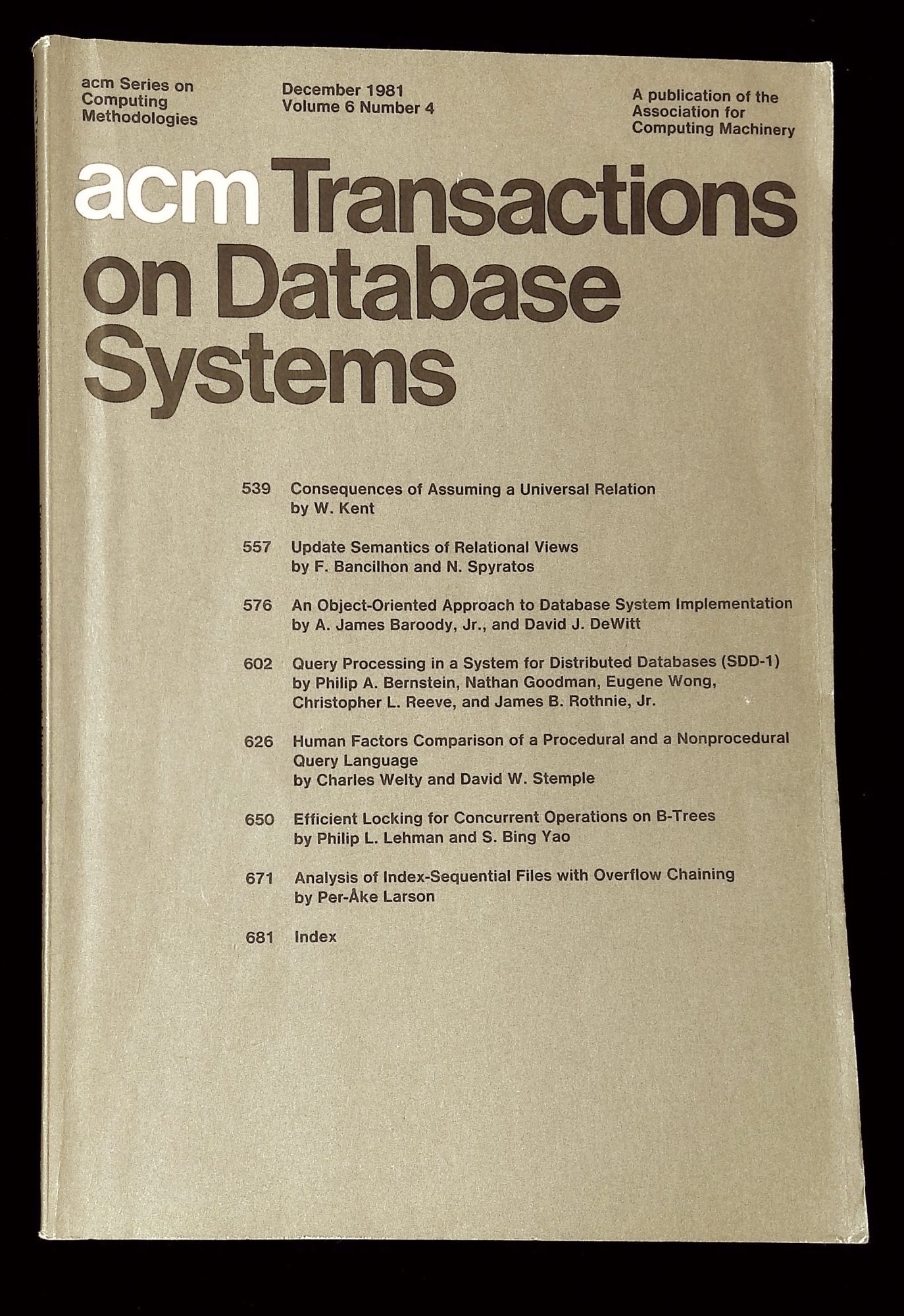 ACM Transactions on Database Systems: December 1981, Volume 6, Number 4 ...