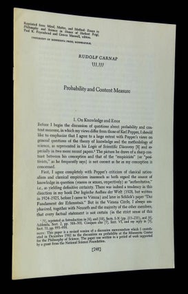 Item #B64803 Probability and Content Measure [Reprinted from Mind, Matter, and Method]. Rudolf...