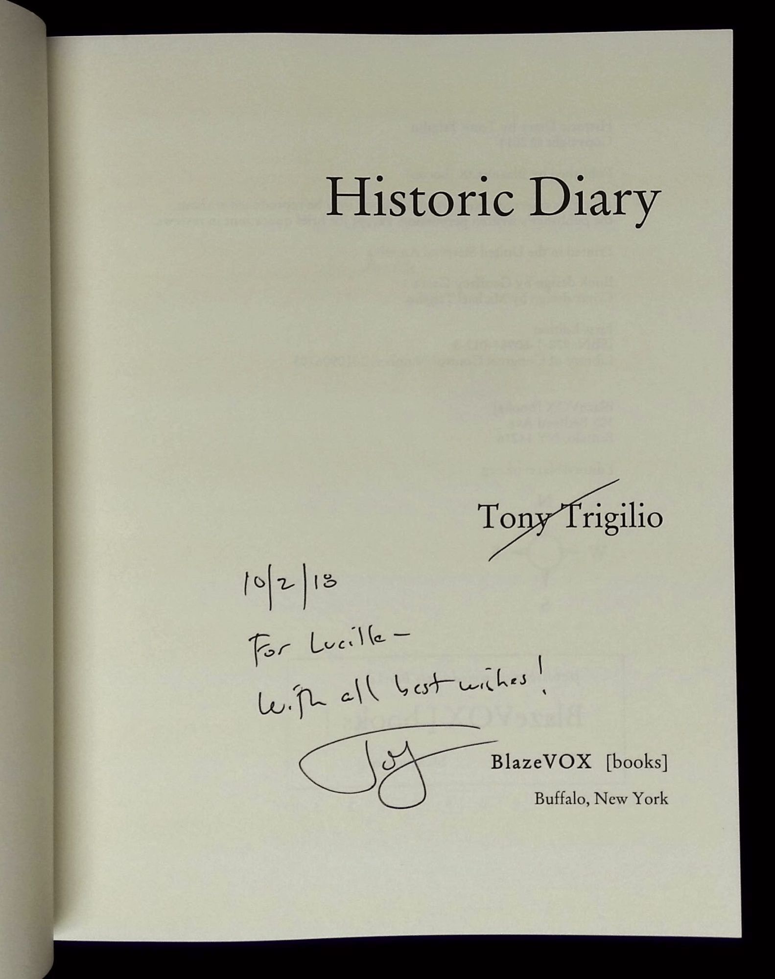 Historic Diary Inscribed by Trigilio! | Tony Trigilio | Reprint