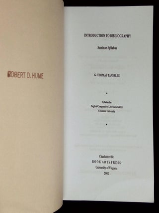 Introduction to Bibliography: Seminar Syllabus