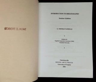 Introduction to Bibliography: Seminar Syllabus