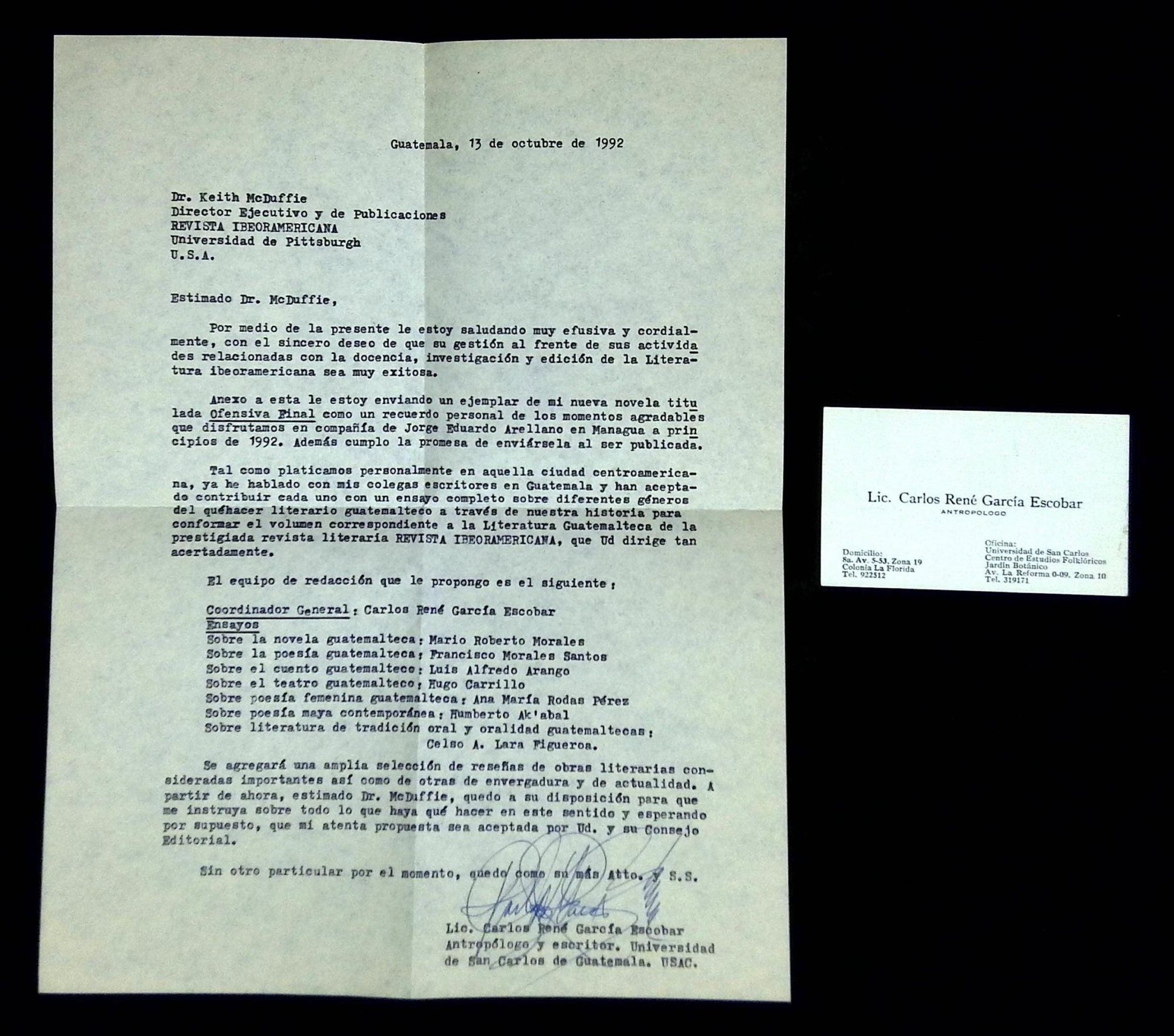 Ofensiva Final Inscribed by Escobar + signed letter | Carlos Rene ...