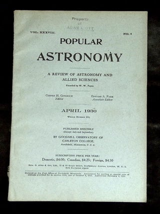 Item #B77186 Popular Astronomy: A Review of Astronomy and Allied Sciences--Vol. XXXVIII, No. 4,...