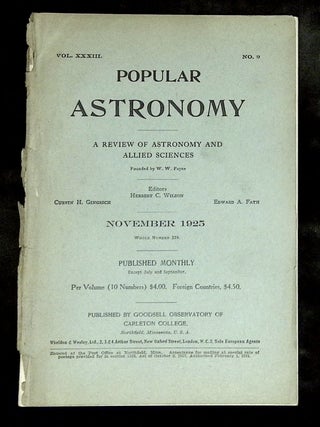 Item #B77194 Popular Astronomy: A Review of Astronomy and Allied Sciences--Vol. XXXIII, No. 9,...