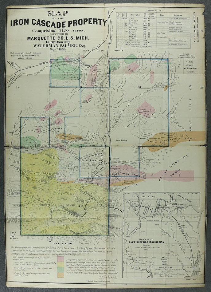 Item #C000020720 Map of the Iron Cascade Property Comprising 3120 Acres, Situated in Marquette Co. L. S. Mich. Lately Owned by Waterman Palmer, Esq., May 1st 1869. n/a.