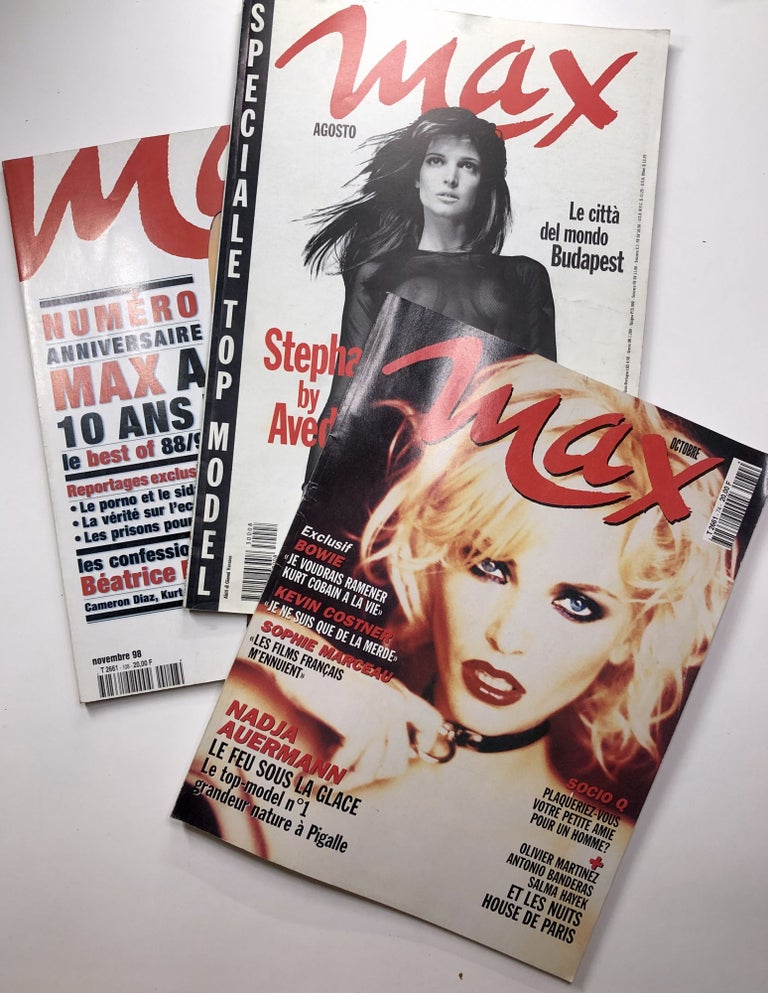 Item #C000023837 3 issues of MAX--1 issue in Italian, 2 issues in French; High fashion magazine from the 90s--Italian issue is from Agosto 1993, French issues from Octobre 1995 & Novembre 1998. Richard Avedon, Carlo G. Dansi, Paolo Bonanni, Rebecca Romijn, Et. Al.