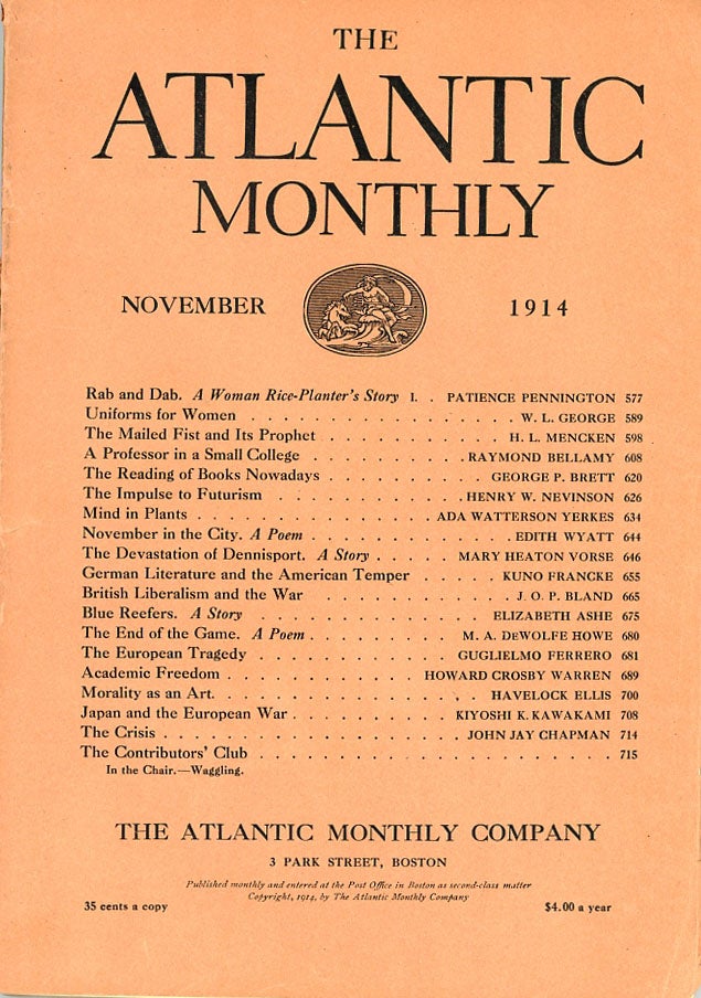 Item #C000038480 The Atlantic Monthly, November 1914. H. L. Mencken, Patience Pennington Howard Crosby Warren.