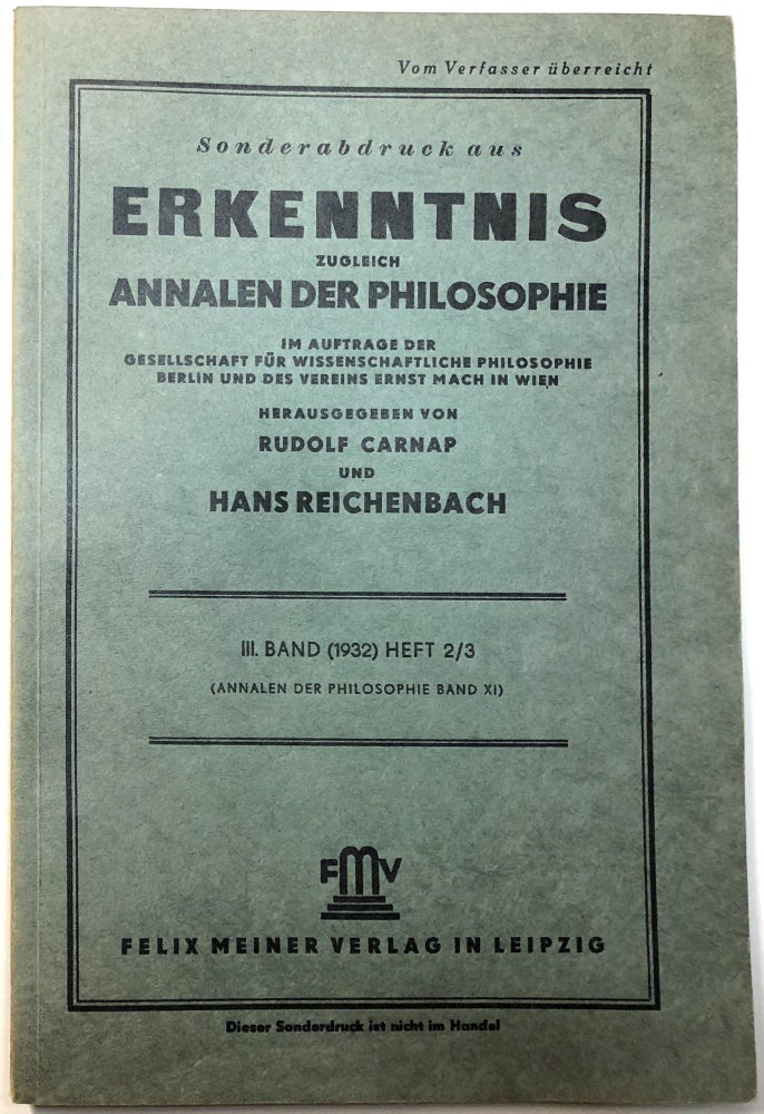 Item #C00004161 Erwiderung auf die vorstehenden Aufsätze von E. Zilsel und K. Duncker (1932). Rudolf Carnap.