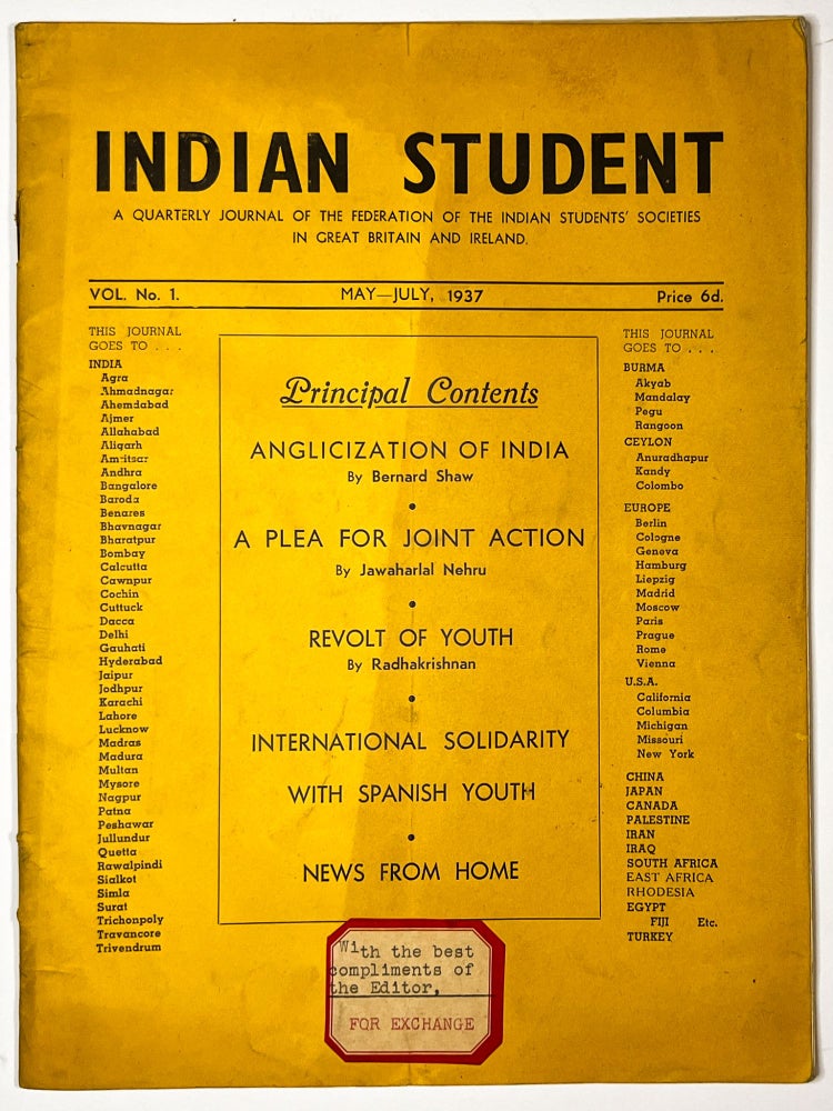 Item #C00006822 Indian Student, Vol. No. 1, May-July 1937; A Quarterly Journal of the Federation of Indian Students' Societies in Great Britain and Ireland. Bernard Shaw, Radhakrishnan Jawaharlal Nehru.