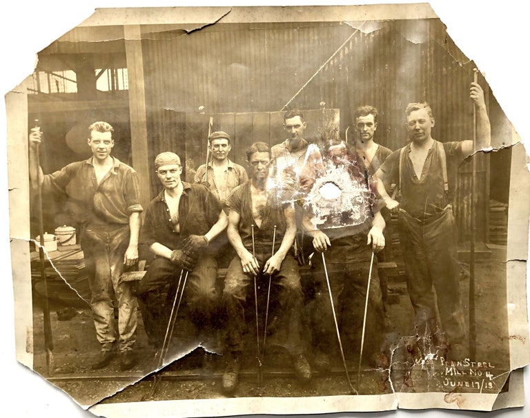 Item #H10300 13 x 10 photo of workers at West Penn Steel Mill no. 4, JUne 17, 1913 -- with bullet hole? Occupational Photography.