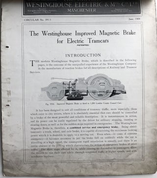 Folder of materials on Magnetic Brakes & Machinery 1900s-1940s kept by Westinghouse engineer: parts lists, original photos, brochures, publications