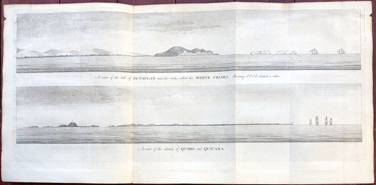 Item #H10465 A view of the hill of Petaplan and the rocks called the White Friars bearing SE. b E. distant 5 miles; A view of the islands of Quibo and Quicara. George Anson.