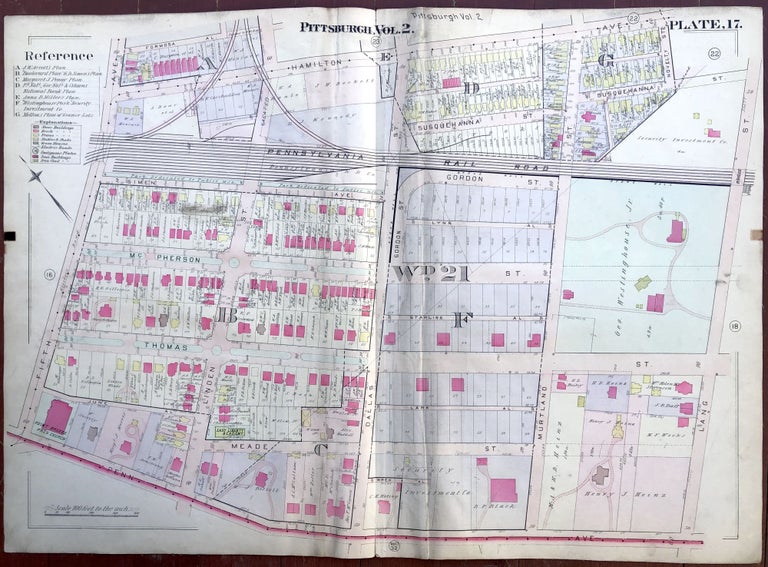 Item #H10468 Ca. 1910s large linen-backed colored plat map of Pittsburgh: Penn Ave. Point Breeze, Homewood