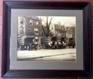 Item #H10539 Ca. 1910s 19 x 15 framed photo of moving trucks -- some horsedrawn -- Harrison, New...