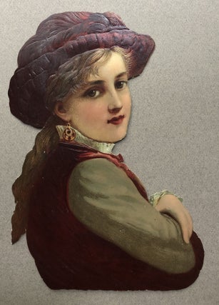Item #H11216 1890s die-cut of girl in handsome plum hat 9.5 x 7 inches
