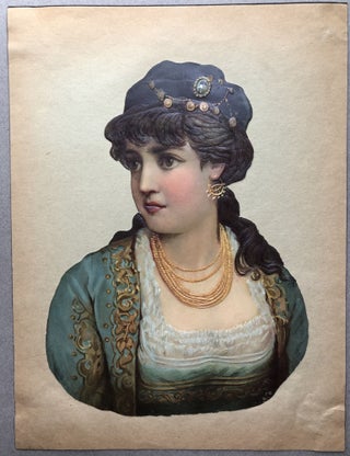 Item #H11217 1890s die-cut of woman in fetching hat and lots of bling, 9.5 x 7 inches