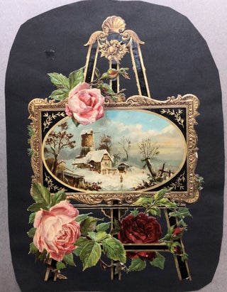 Item #H11222 1890s large die-cut of an easel holding a painting of a winter scene