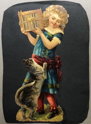 Item #H11223 1890s large die-cut of girl holding a caged bird away from a cat