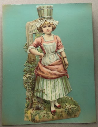 Item #H11224 1890s large die-cut of girl holding scrub-brush and balancing bucket on her head
