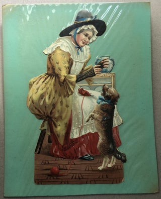 Item #H11229 1890s large die-cut of Old Mother Hubbard explaining to her dog there is no bone