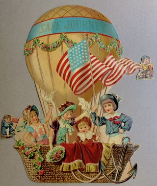 Item #H11240 1890s large elaborate die-cut of kids taking a balloon bannered "Safe Journey"