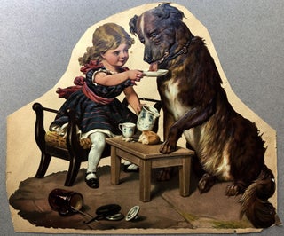 Item #H11241 1890s large die-cut of a tea-party with dog and girl