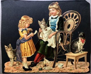 Item #H11242 1890s large complex die-cut of two girls administering medicine to a sick cat