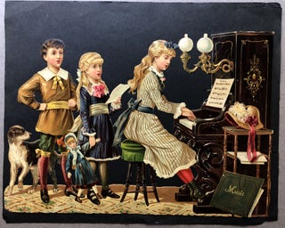 Item #H11243 1890s large die-cut of kids gathering around a piano and singing