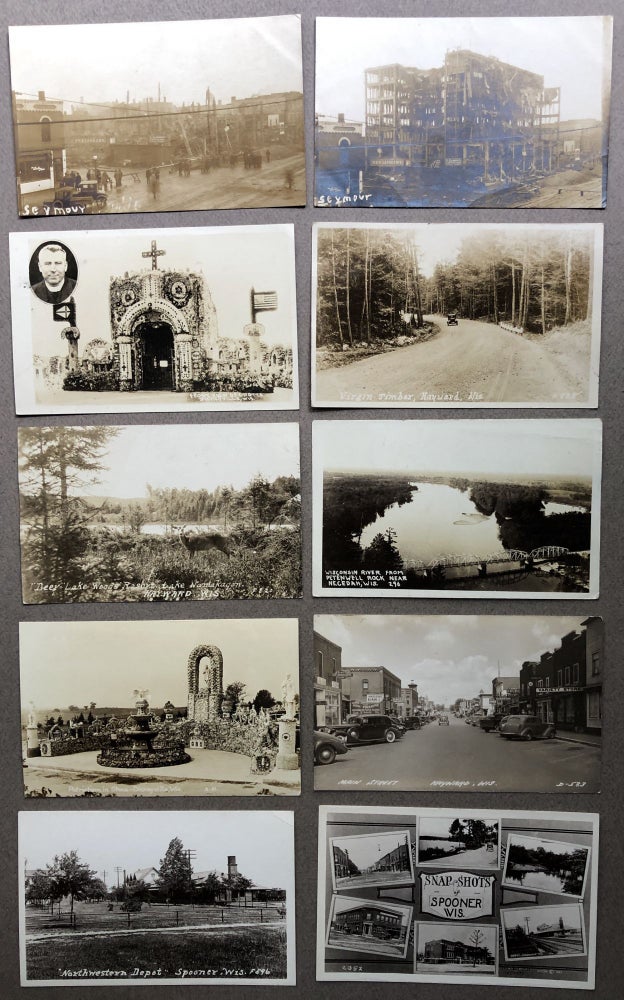 Item #H11278 10 early 1900s-1920s Real Photo Postcards of Wisconsin: Grotto at Dickeyville, Patriotism in Stone at Dickeyville, Virgin Timber at Hayward, "Deer" Lake Woods Resort at Lake Namakagon - Hayward, Wisconsin River from Petenwell Rock near Necedah, Snap Shots of Spooner, Northwestern Depot at Spooner, Hayward Main St., Destruction of Milwaukee building (2)