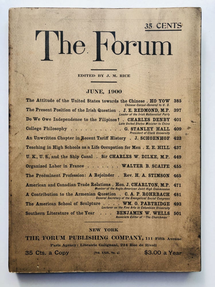 Item #H11442 The Forum, June 1900. Joseph Mayer Rice, Benjamin W. Wells, Walter B. Scaife, G. Stanley Hall, ed. Ho Yow.