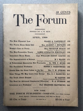 Item #H11543 The Forum, April 1900. Joseph Mayer Rice, Brander Matthews, ed. H. A. Stimson