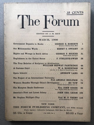Item #H11544 The Forum, March 1900. Joseph Mayer Rice, W. P. Trent, Ho Yow, ed. Andrew Lang